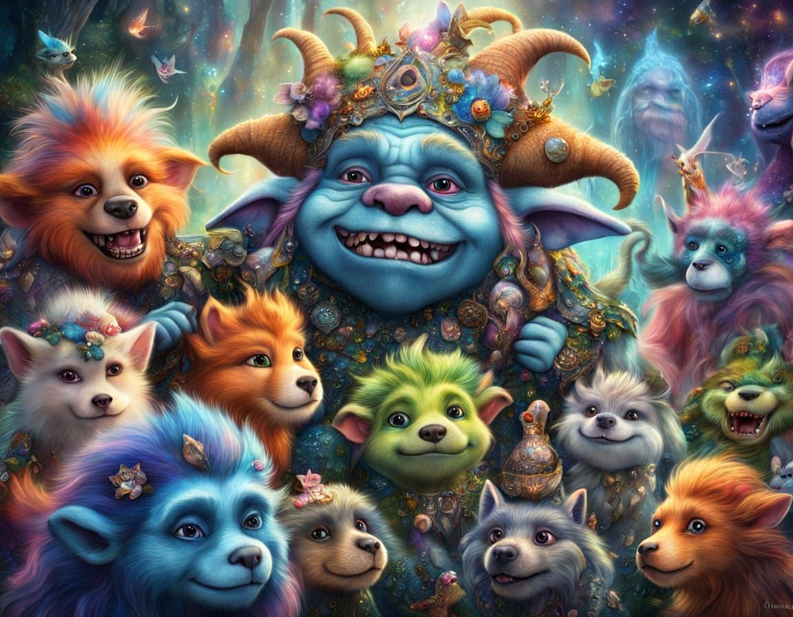 Mythical Troll with Cute Puppies in Enchanted Forest