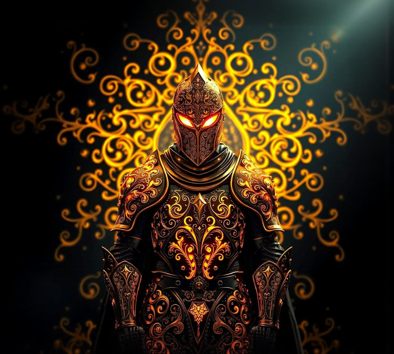 Ethereal Bioluminescent Knight with Golden Filigree