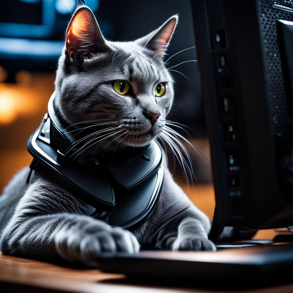 Hyperrealistic Grey Cat at Gaming PC