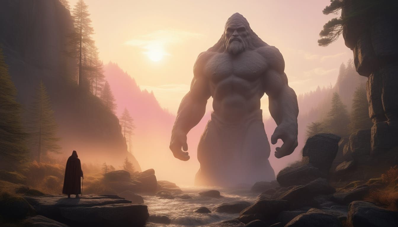 Colossal Stone Guardian in Fantasy Landscape