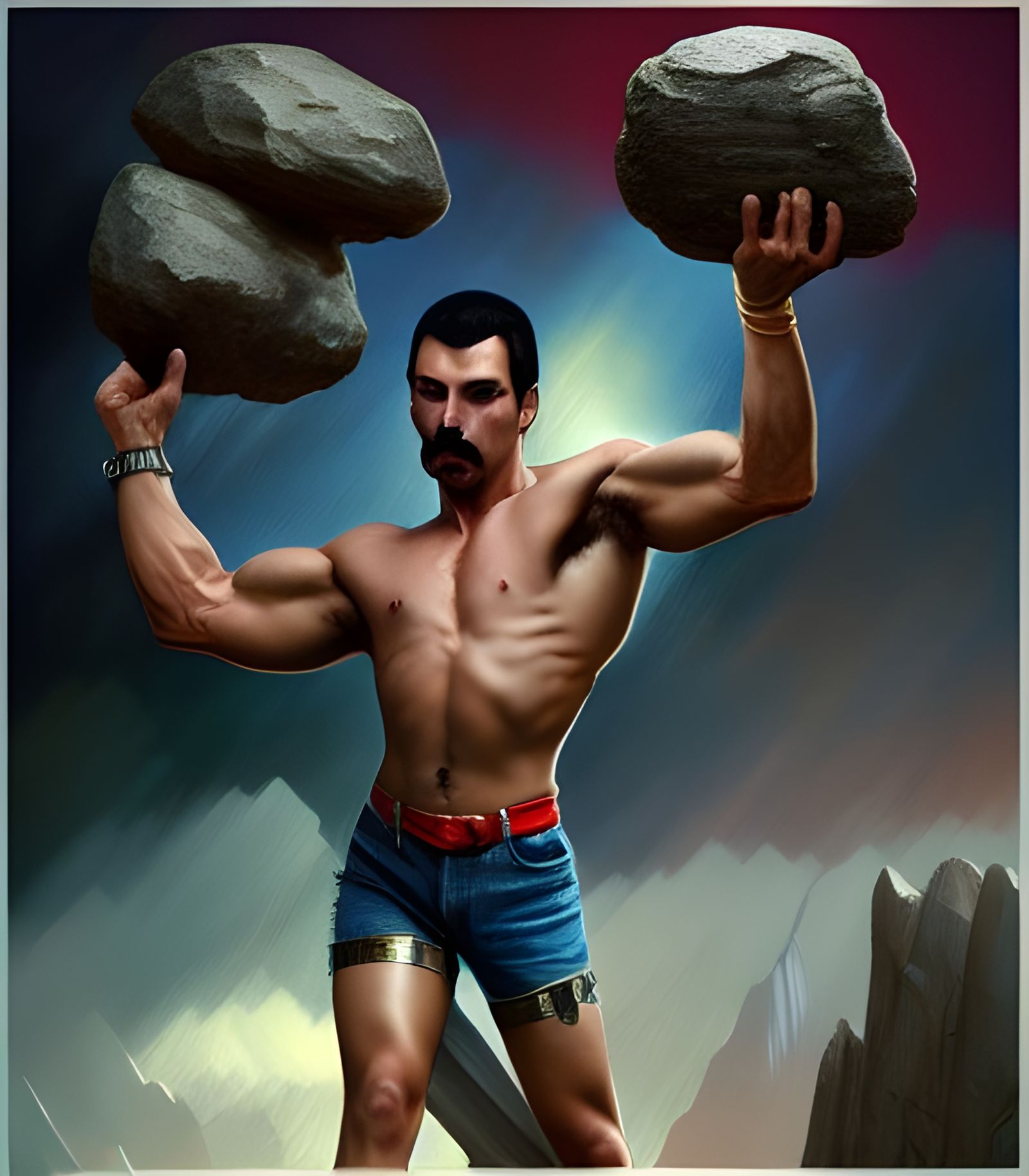 Muscular Man Holding Boulder: Hyperdetailed Artstation Image