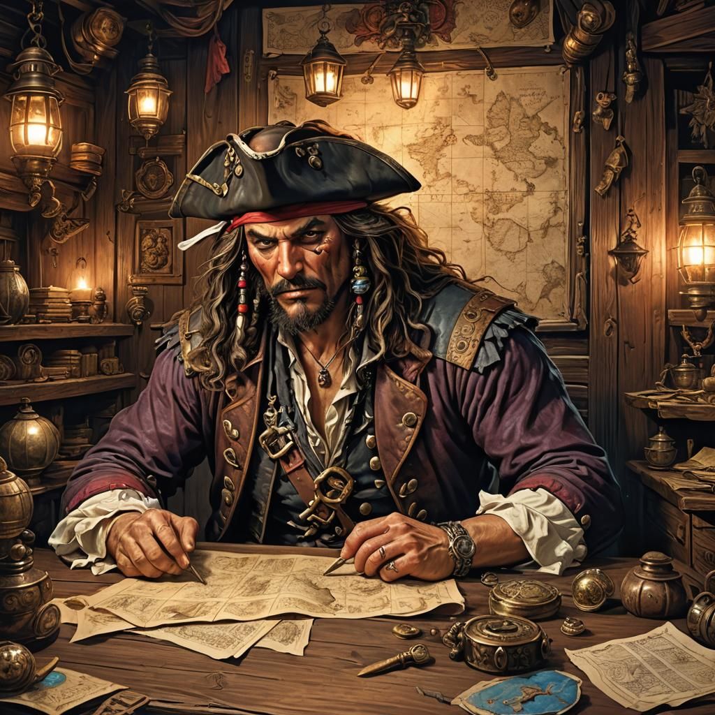 Pirate Captain Studies Treasure Map in Frazetta Style