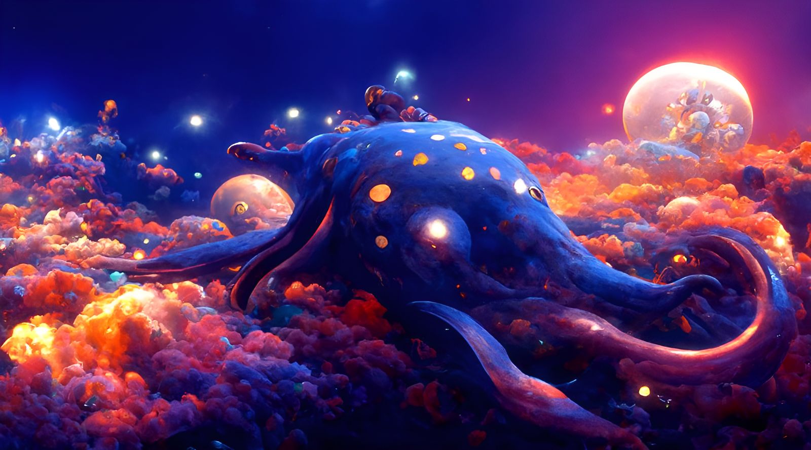 Cosmic Octopus in Starry Sea, Romanticism Style