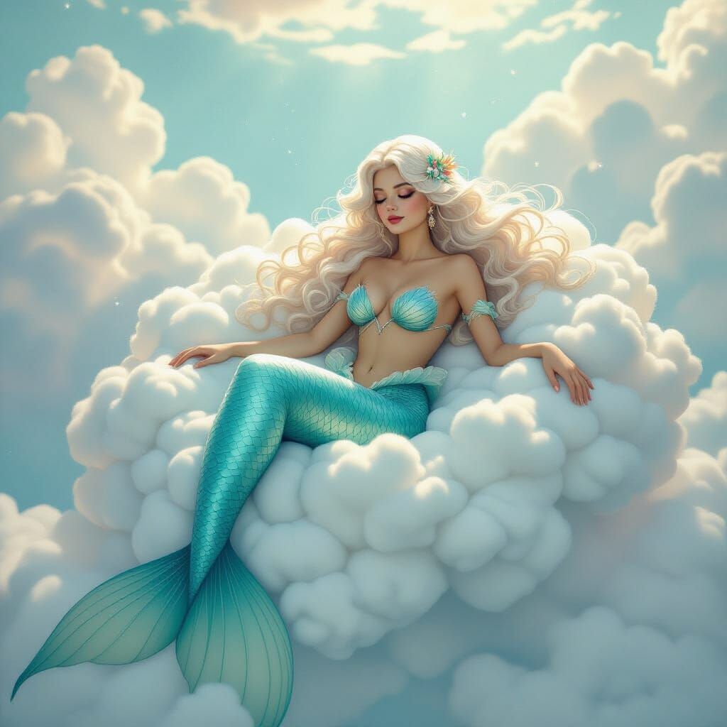 Aqua Mermaid Lounging on a Whimsical Cloud