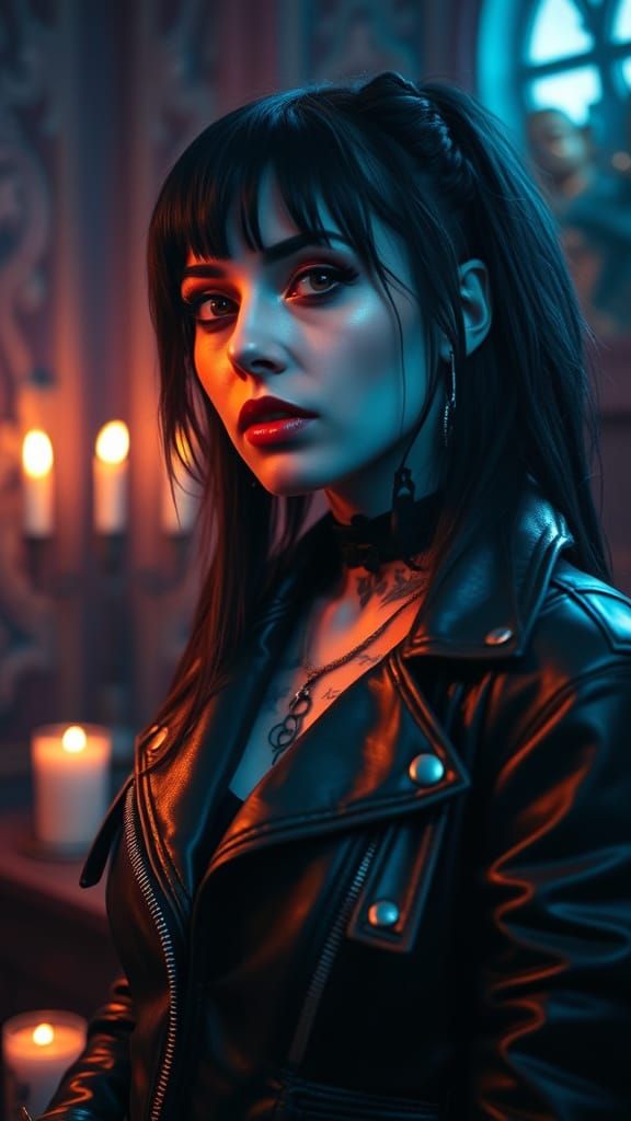 Hyper-Realistic Gothic Woman with Vibrant Tattoos in Dark, N...