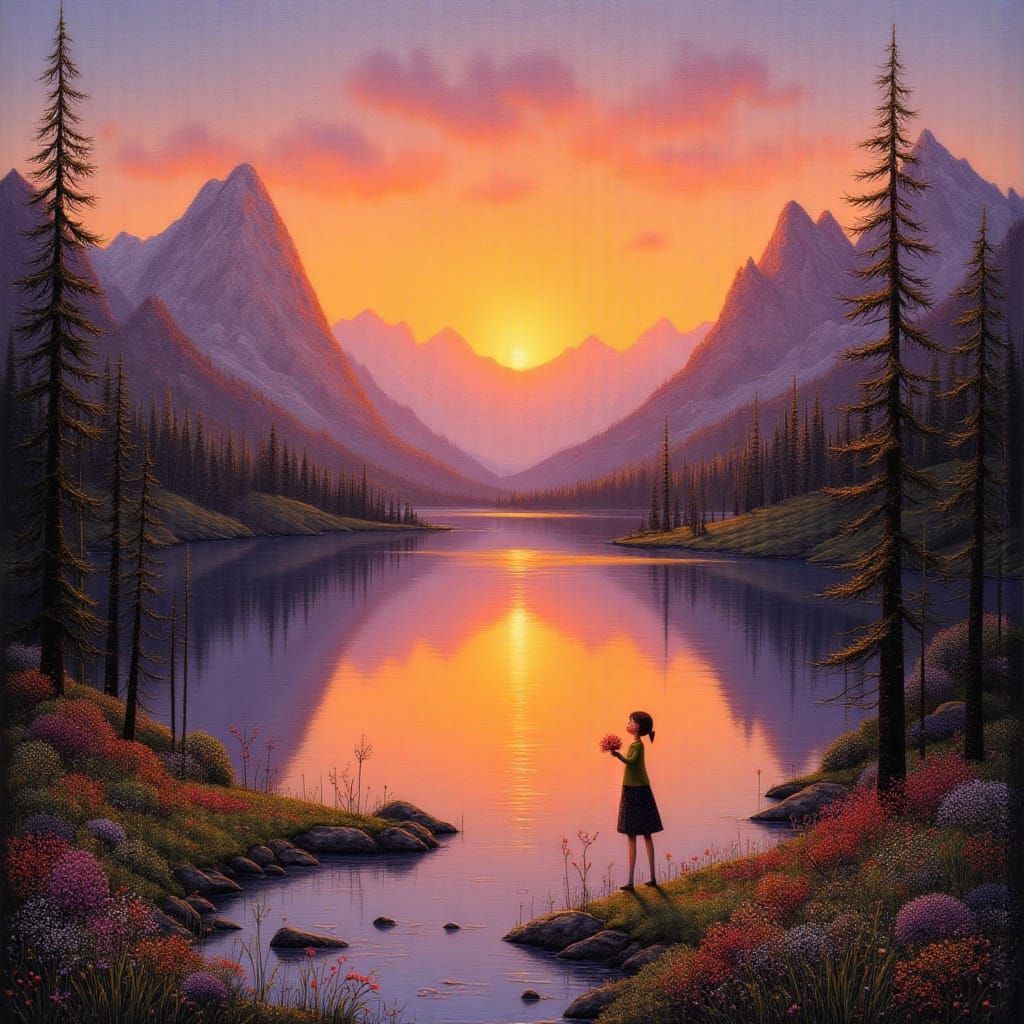 Mountain Lake Sunrise in Earthy Style