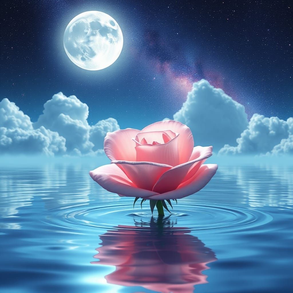 Crystal Pink Rose Floating in a Starry Galaxy