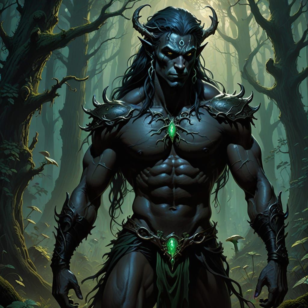 Dark Fantasy Drow Elf with Tentacles in Enchanted Forest
