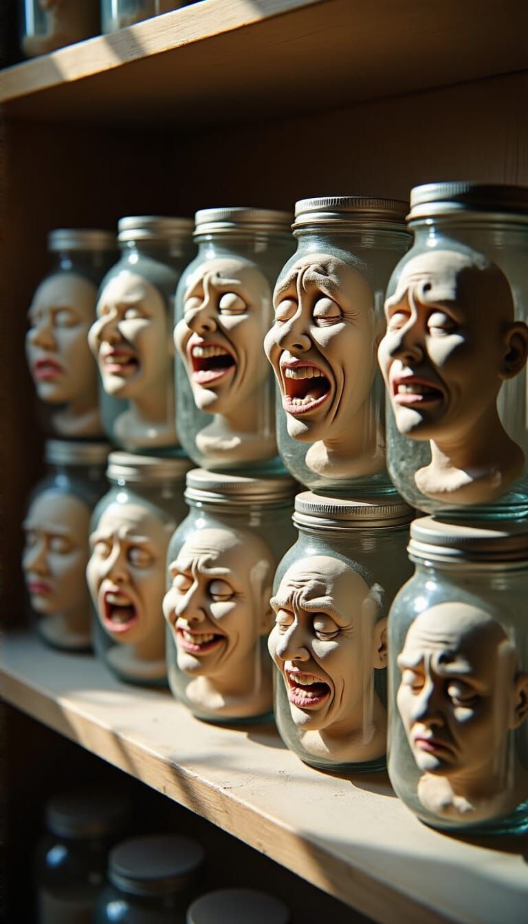 Expressive Clay Faces in Glass Jars: Fine Art Photography