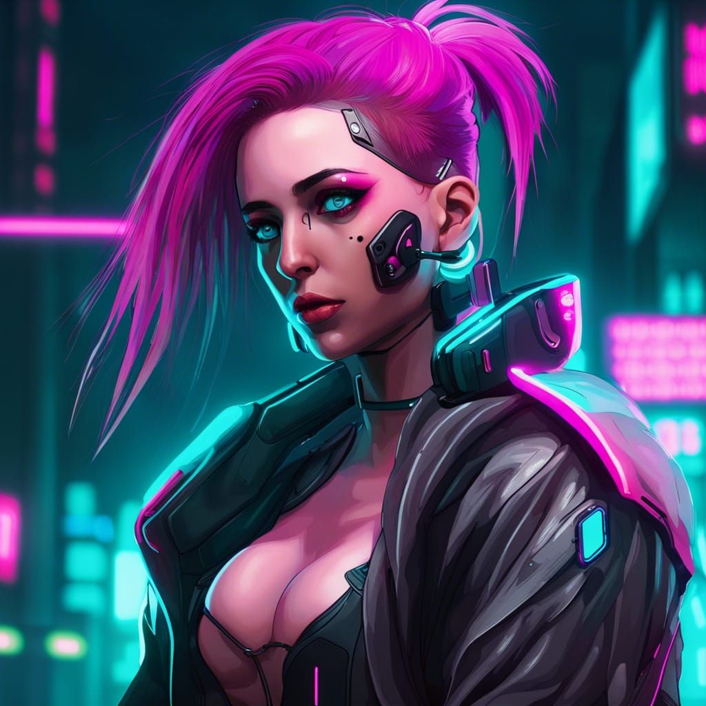 Cyberpunk Woman with Cyberware in Neon Cityscape