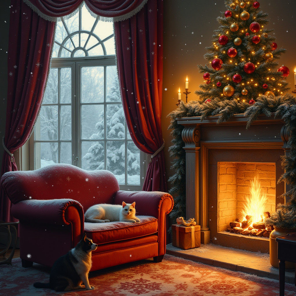Cozy Christmas Salon with Fireplace, in Oil Painting Style