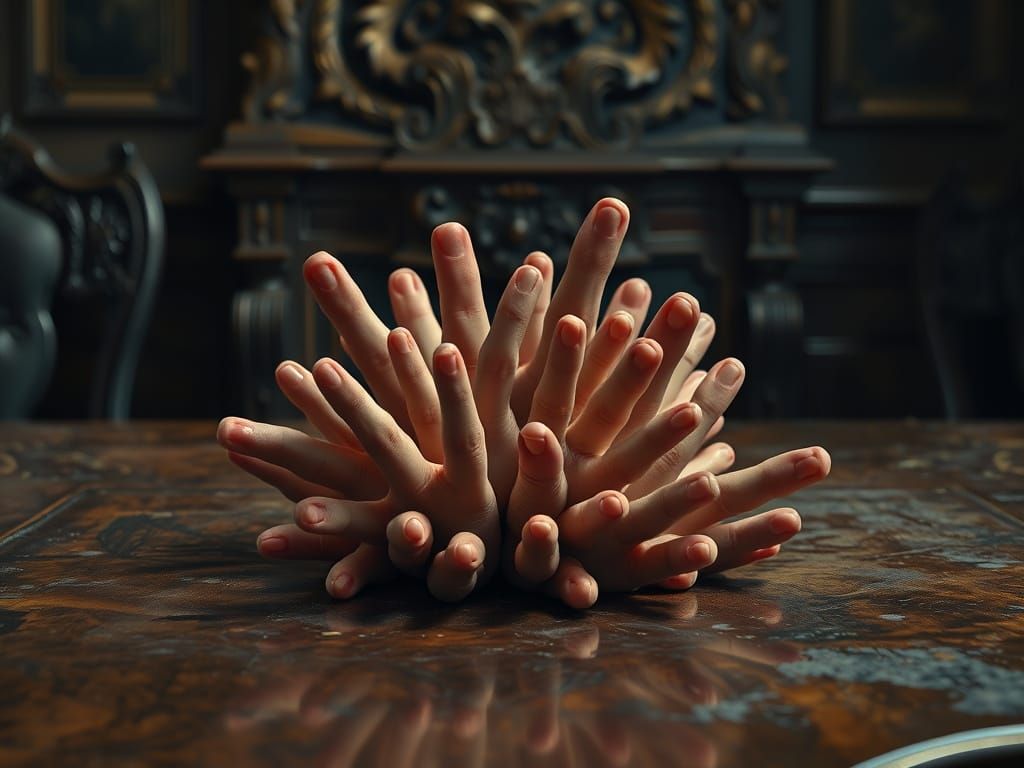 Fingers Emerge from Antique Table: Dutch Masters Style