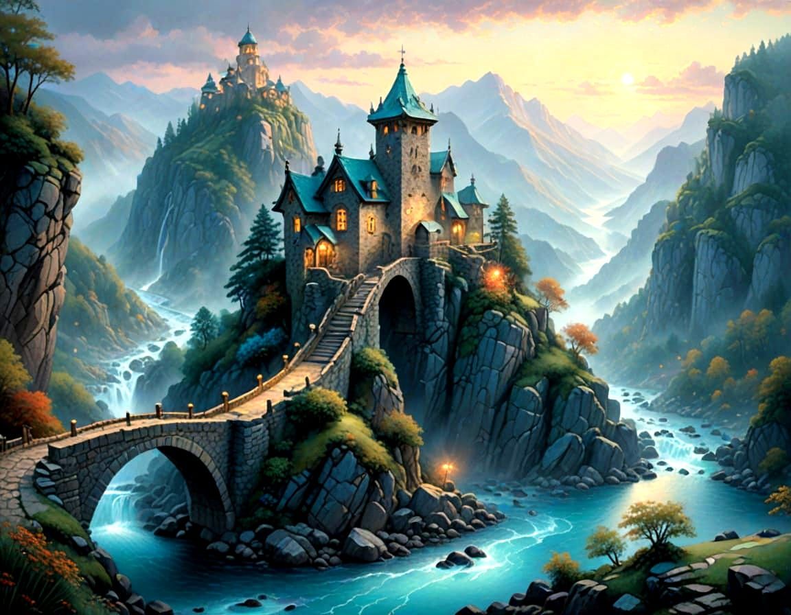 Turquoise Stone Bridge in Misty Mountains