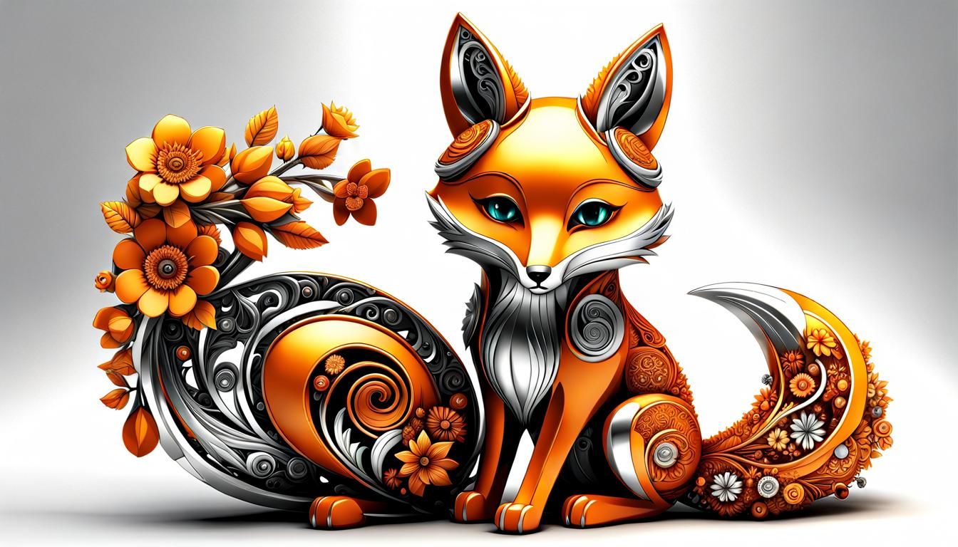 Floral Amber Chibi Fox in Cyberpunk Style