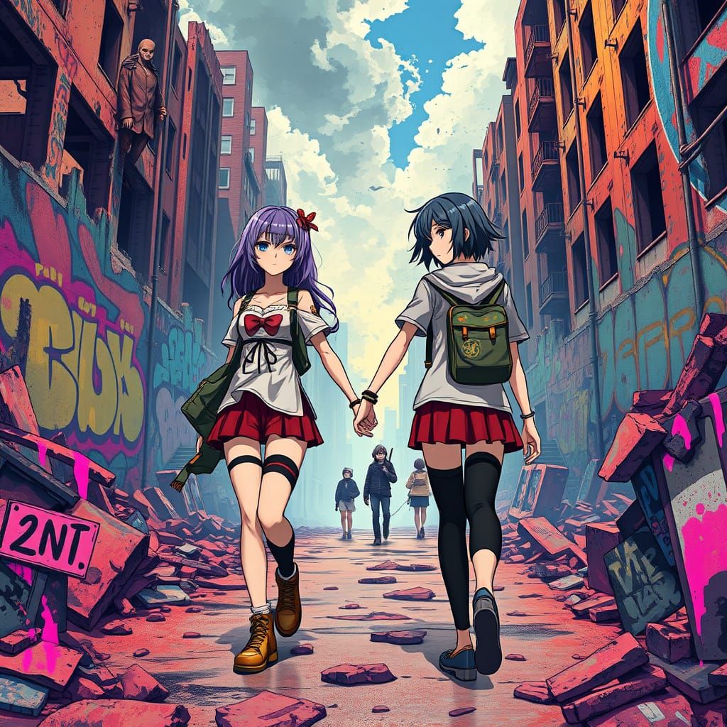 Twins in Devastated World, Street Art Anime Style