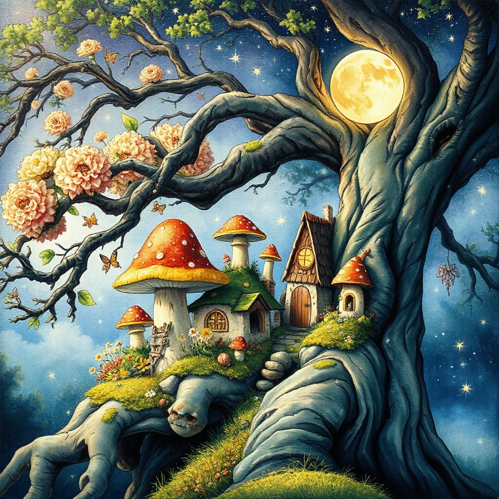 Enchanting Fairy Village in Ancient Tree, Watercolor Art