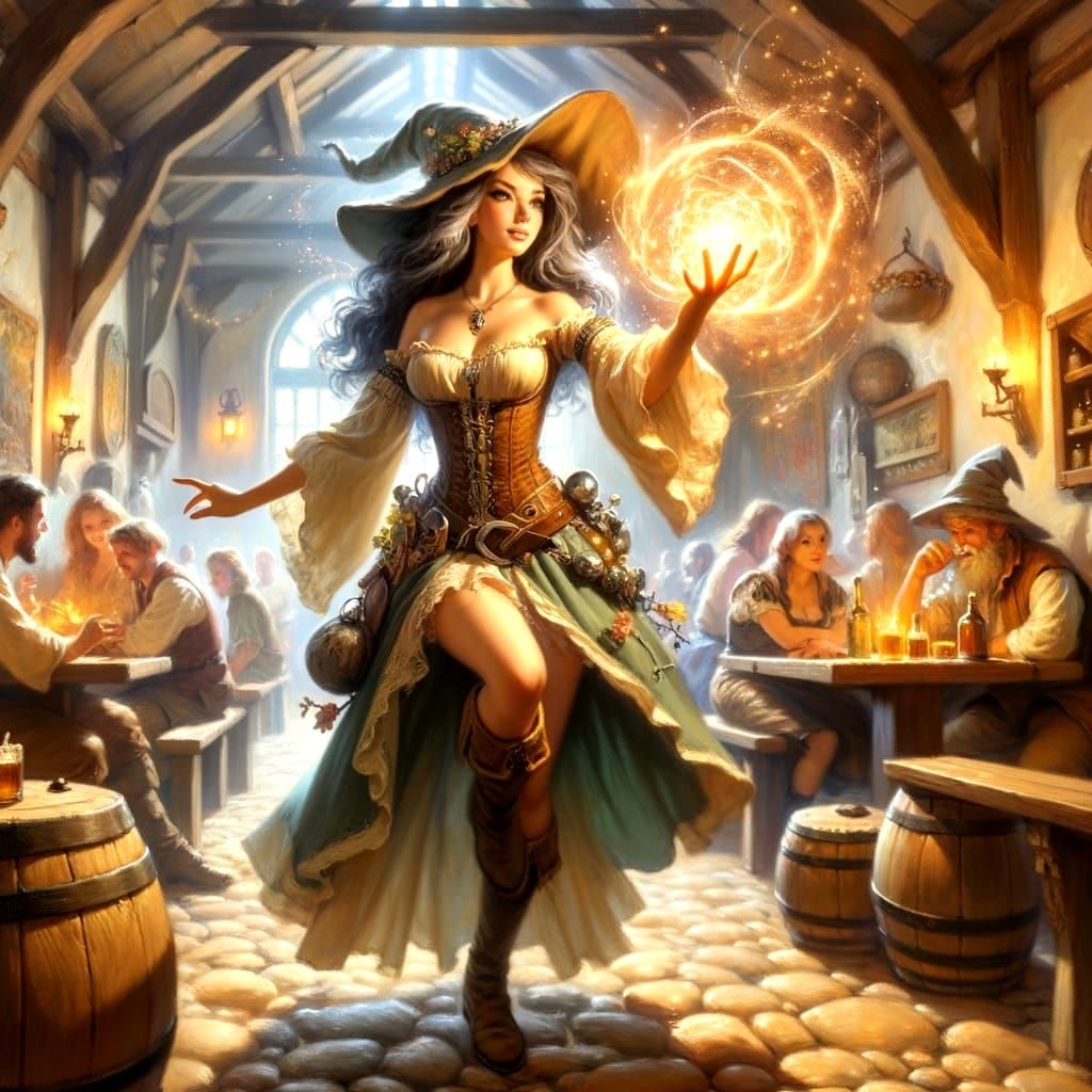 Heroic Witch Casting Spell in Cozy Tavern Oil Painting