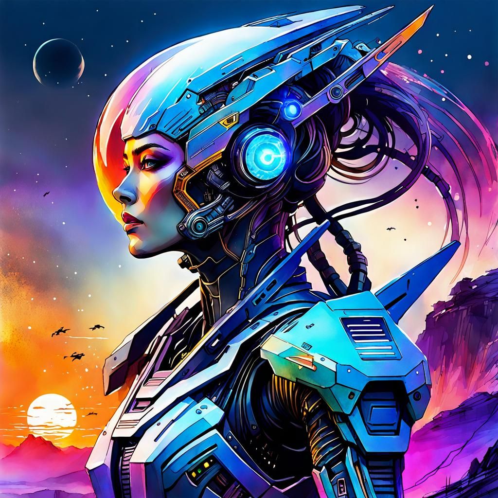 Beautiful Mecha Alien Woman in Digital Watercolor
