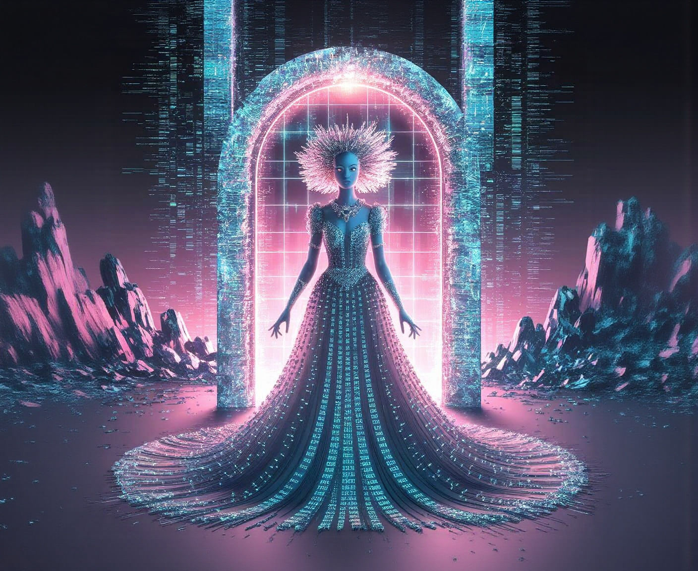 Digital Enchantress in Binary Gown Before Data Portal