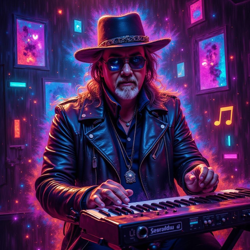 Steampunk Musician Playing Keyboards Amidst Neon Lights