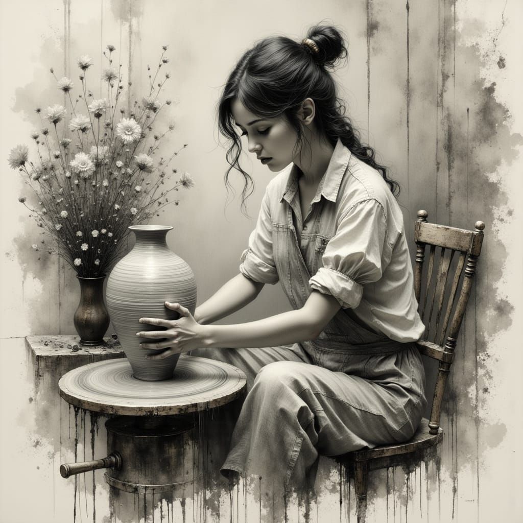 Surreal Woman Crafts Transforming Vase in Pencil and Charcoa...