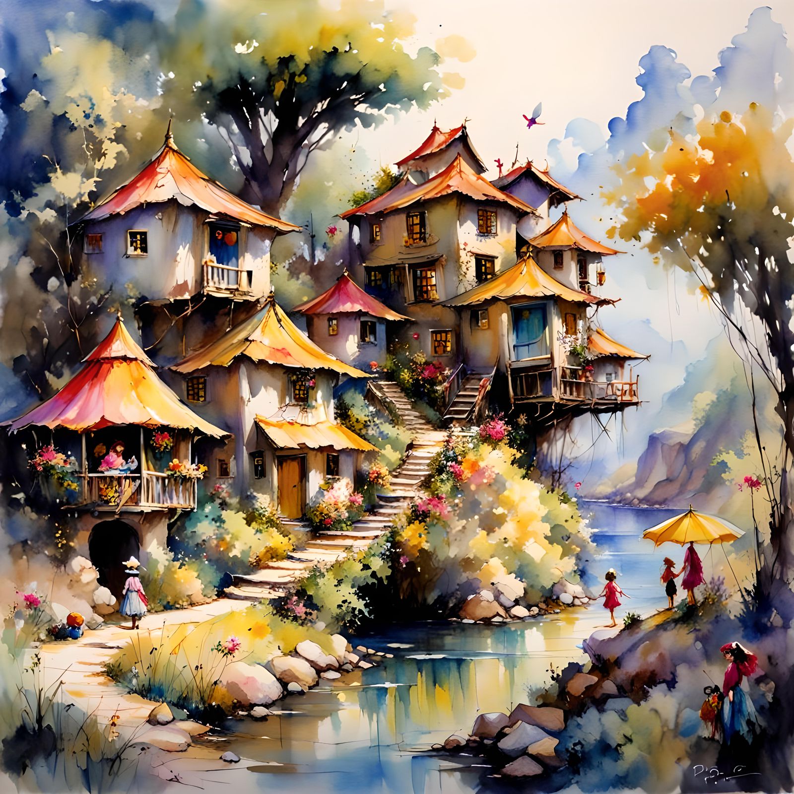 Whimsical  fairy village, by Pino Daeni, Hyperrealistic, hyp...