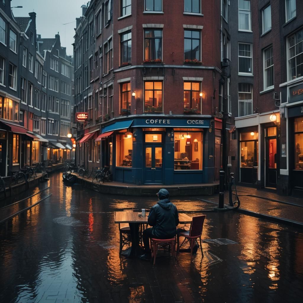 Futuristic Amsterdam Canal Coffee Shop in Film Style