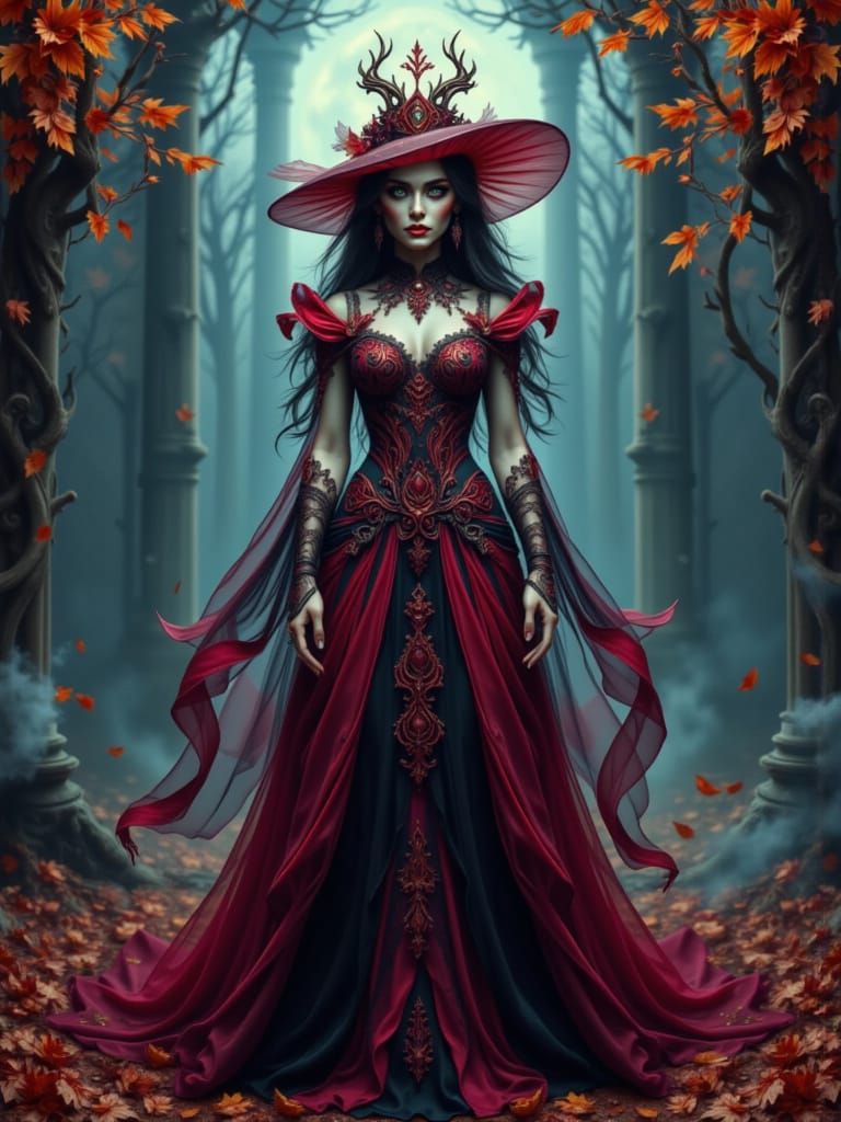 Ethereal Autumn Witch in Dark Fantasy Digital Painting Style