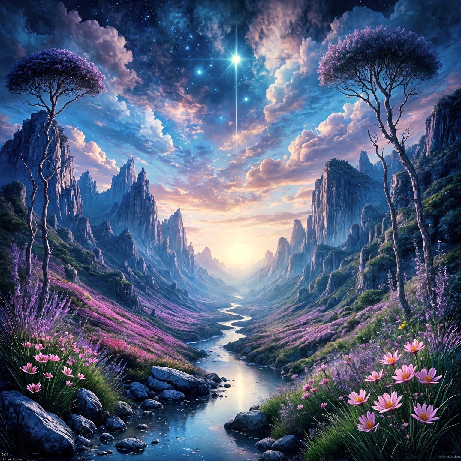 Bioluminescent Flowers in Nebula Sky Landscape