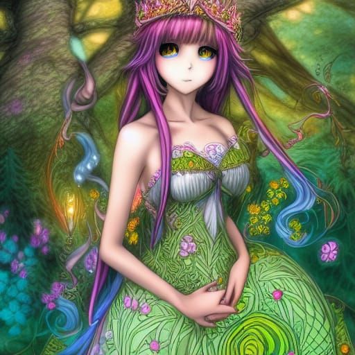Anime Princess in Colorful Zentangle Forest