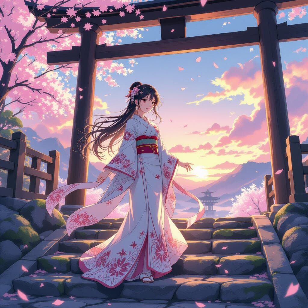 Anime Shrine Maiden at Dusk on Stone Stairs with Cherry Blos...