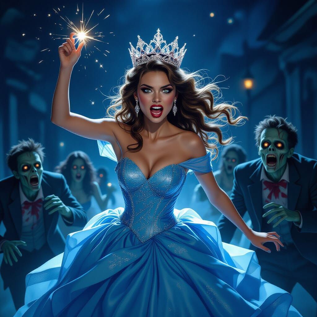 Prom Queen Battles Terrified Zombies in Dark Fantasy Style