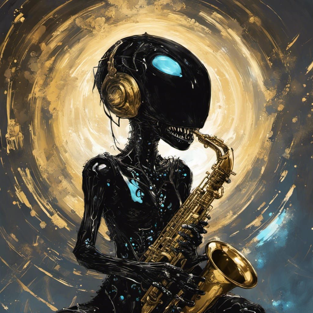 Creepy Catrina Symbiote Saxophonist in Space Capsule