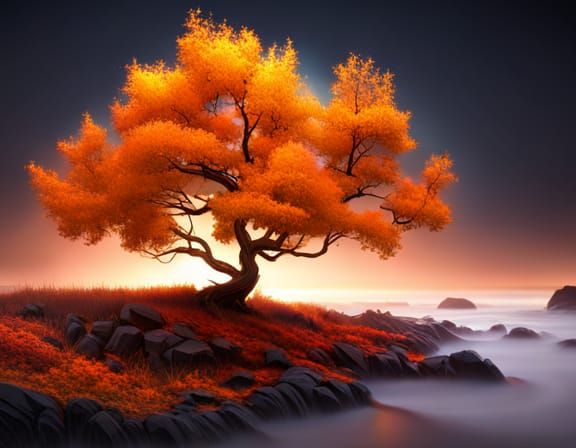 Twisted Tree Under Starry Sky in Autumn Colors
