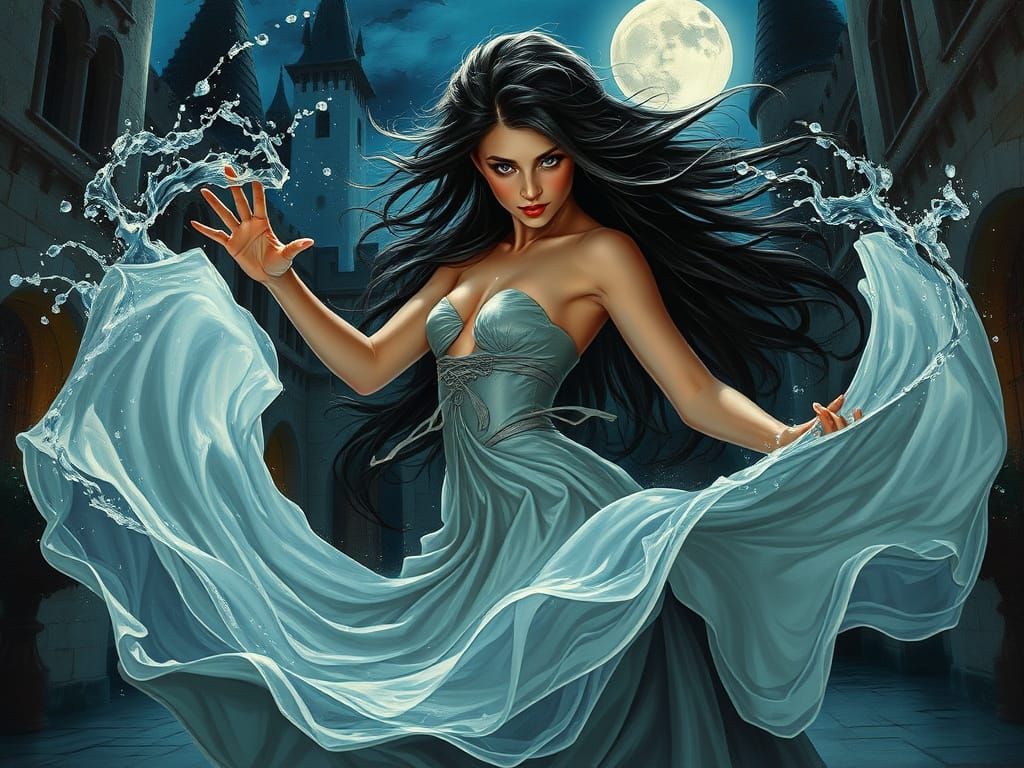 Vampire Sorceress in Midnight Castle Courtyard