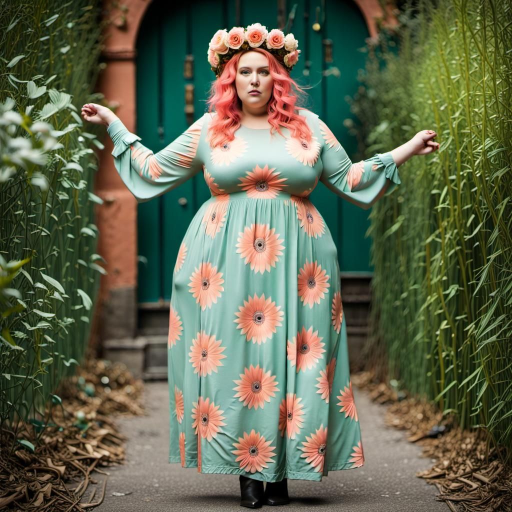 Curvy Woman in Opulent Dress, Surreal Art Style