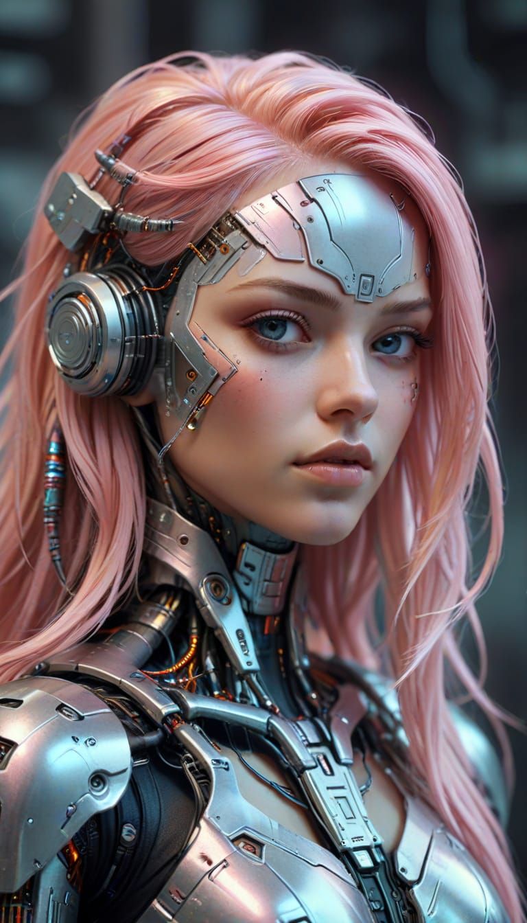 Cyberpunk Girl in Pastel Hues with Robotic Head