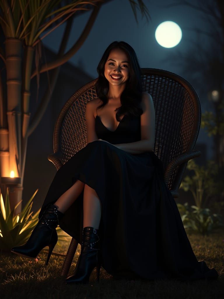 Gothic Asian Woman in Moonlit Garden