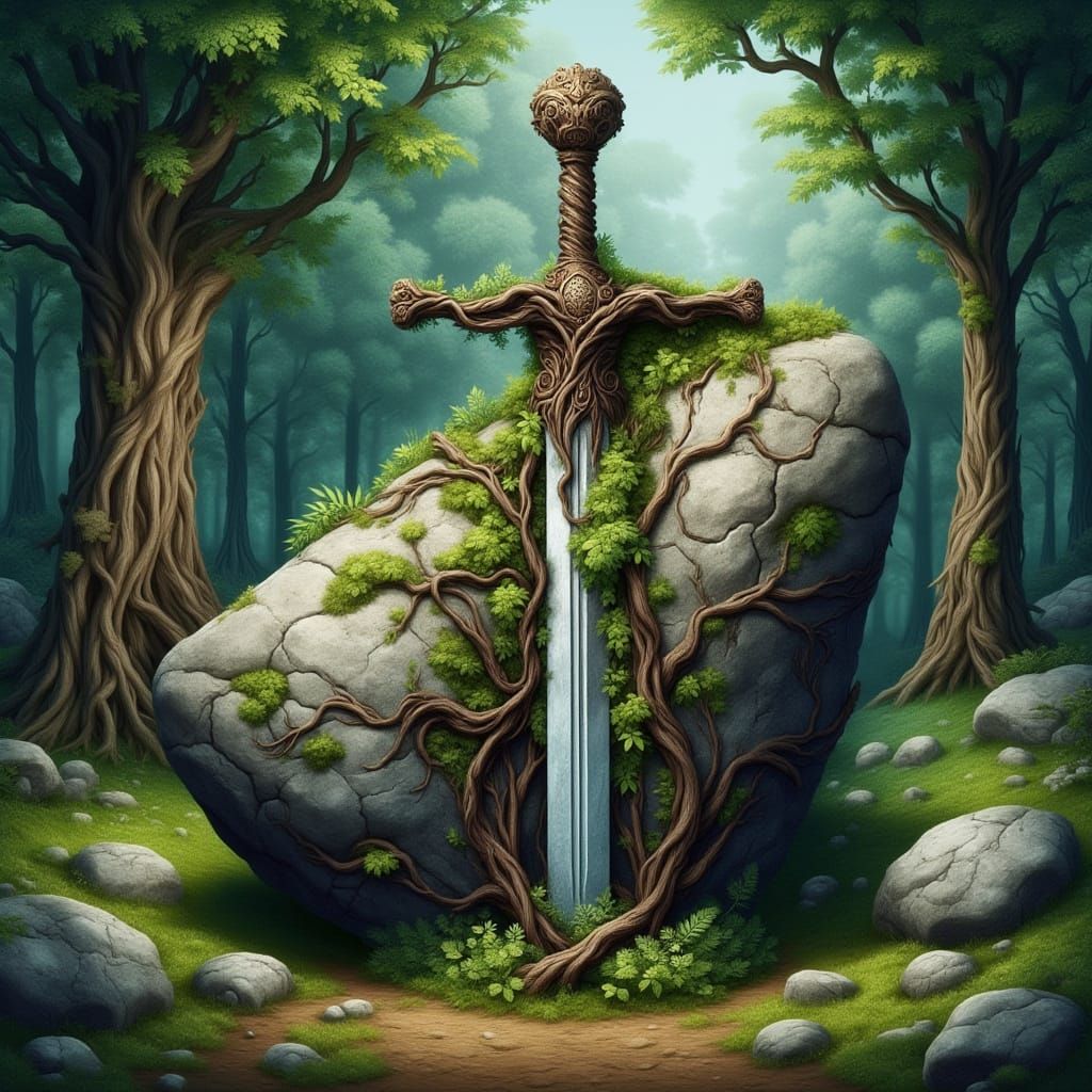Excalibur Emerging from Ancient Forest Depths