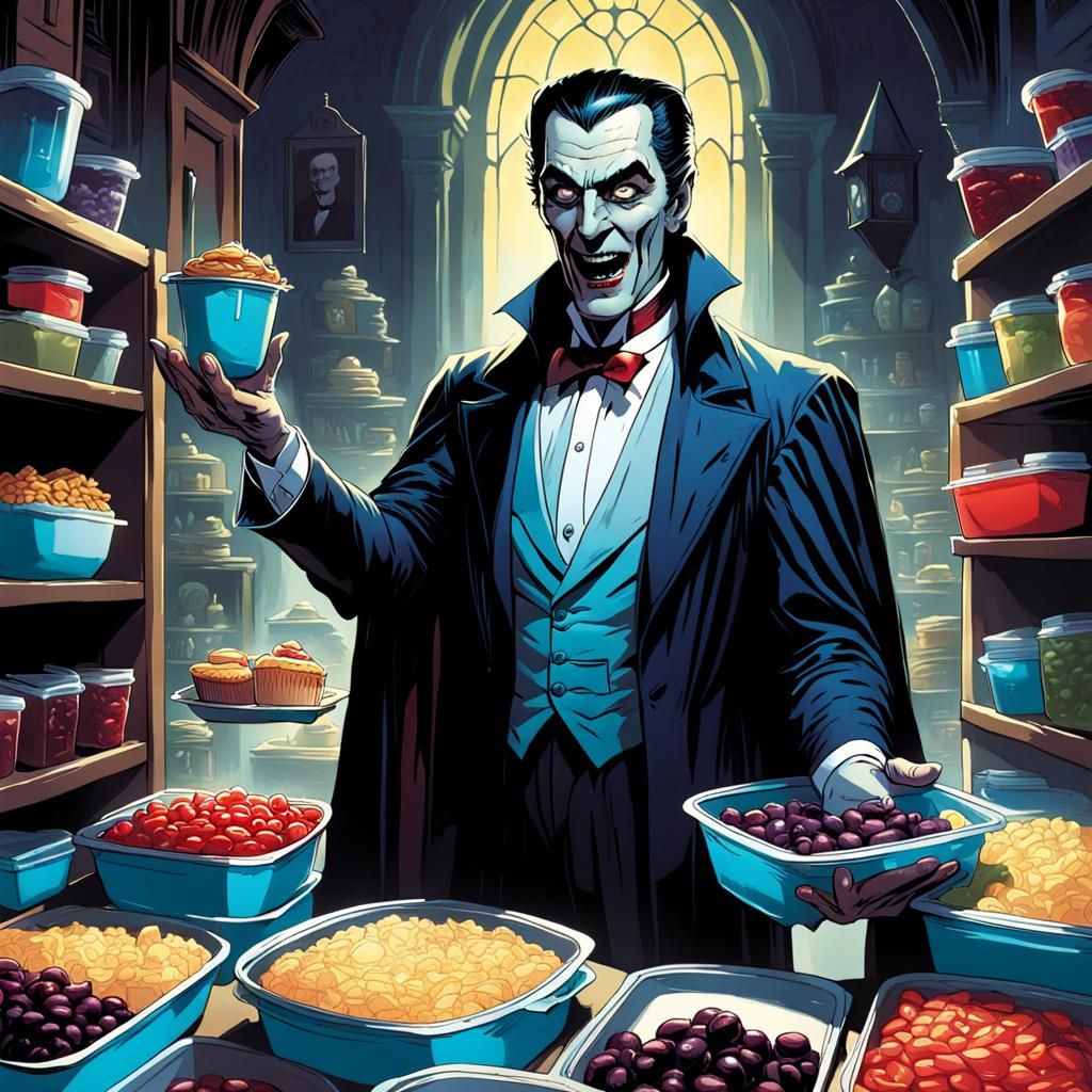 Count Dracula as a Tupperware  salesman hosting a Tupperware...