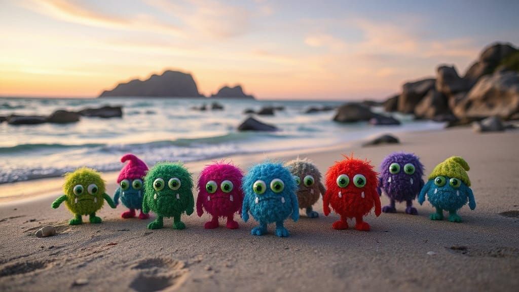 Whimsical Pom-Pom Beach Monsters with Green Eyes