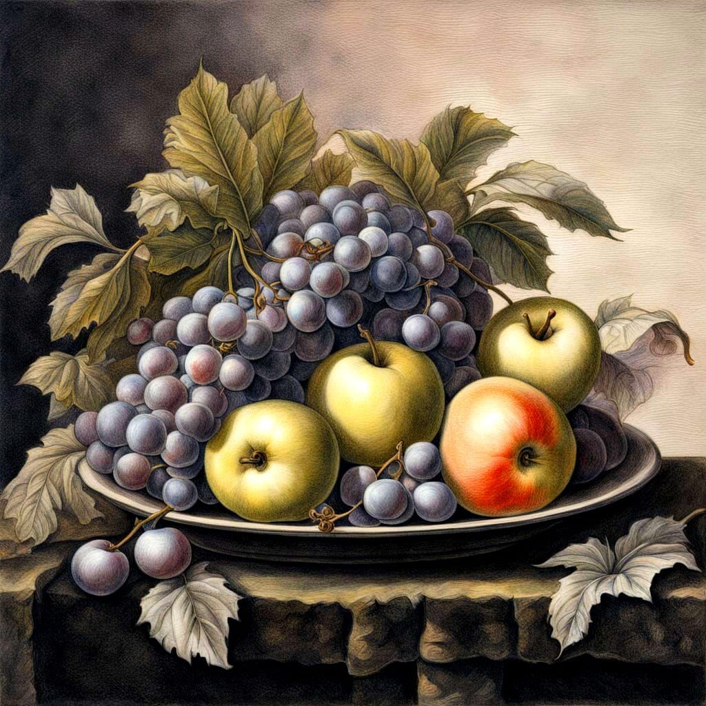 Renaissance Fruit Still Life in Colored Pencil