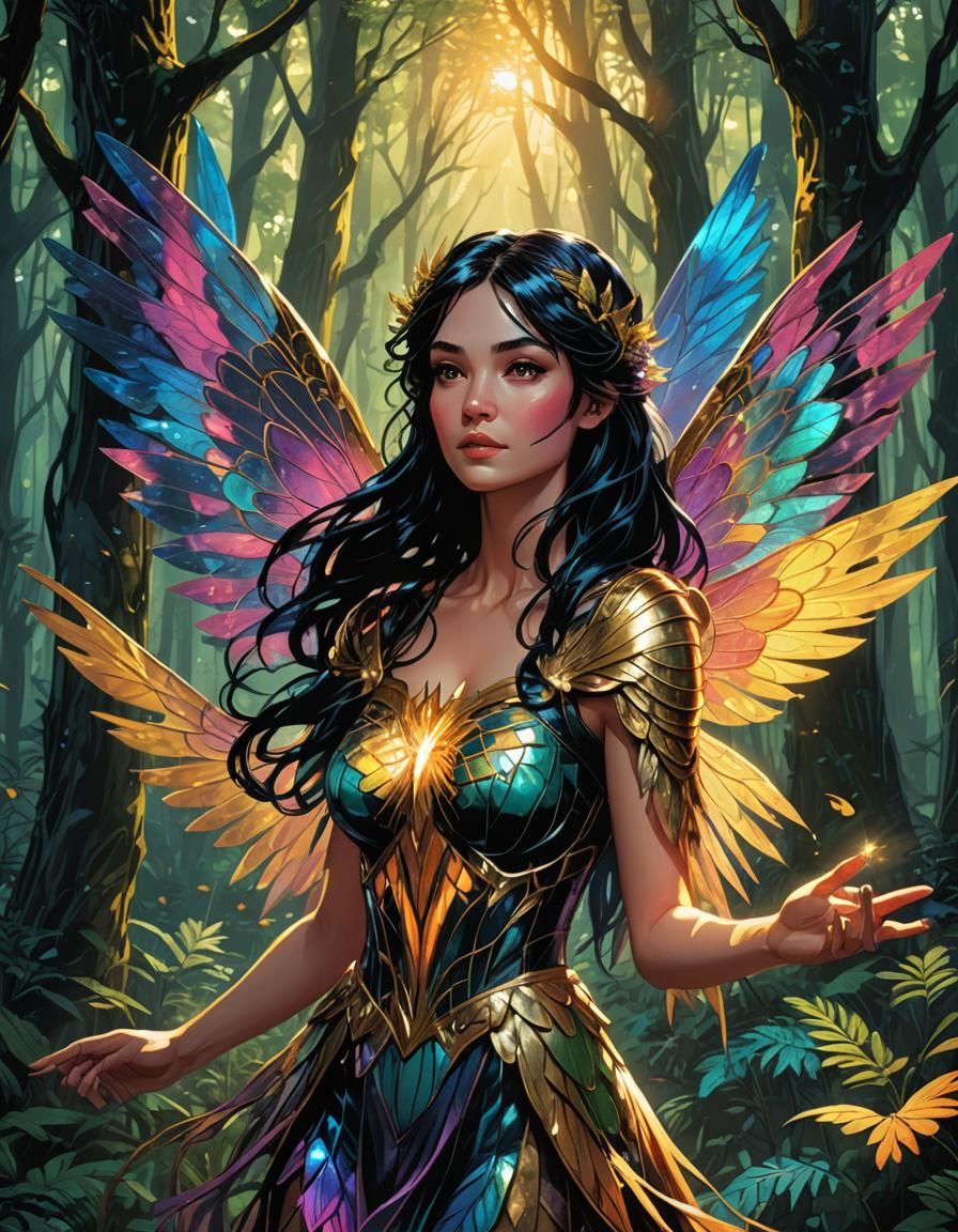 Black-Haired Fairy in Mystical Forest, Comic Book Art