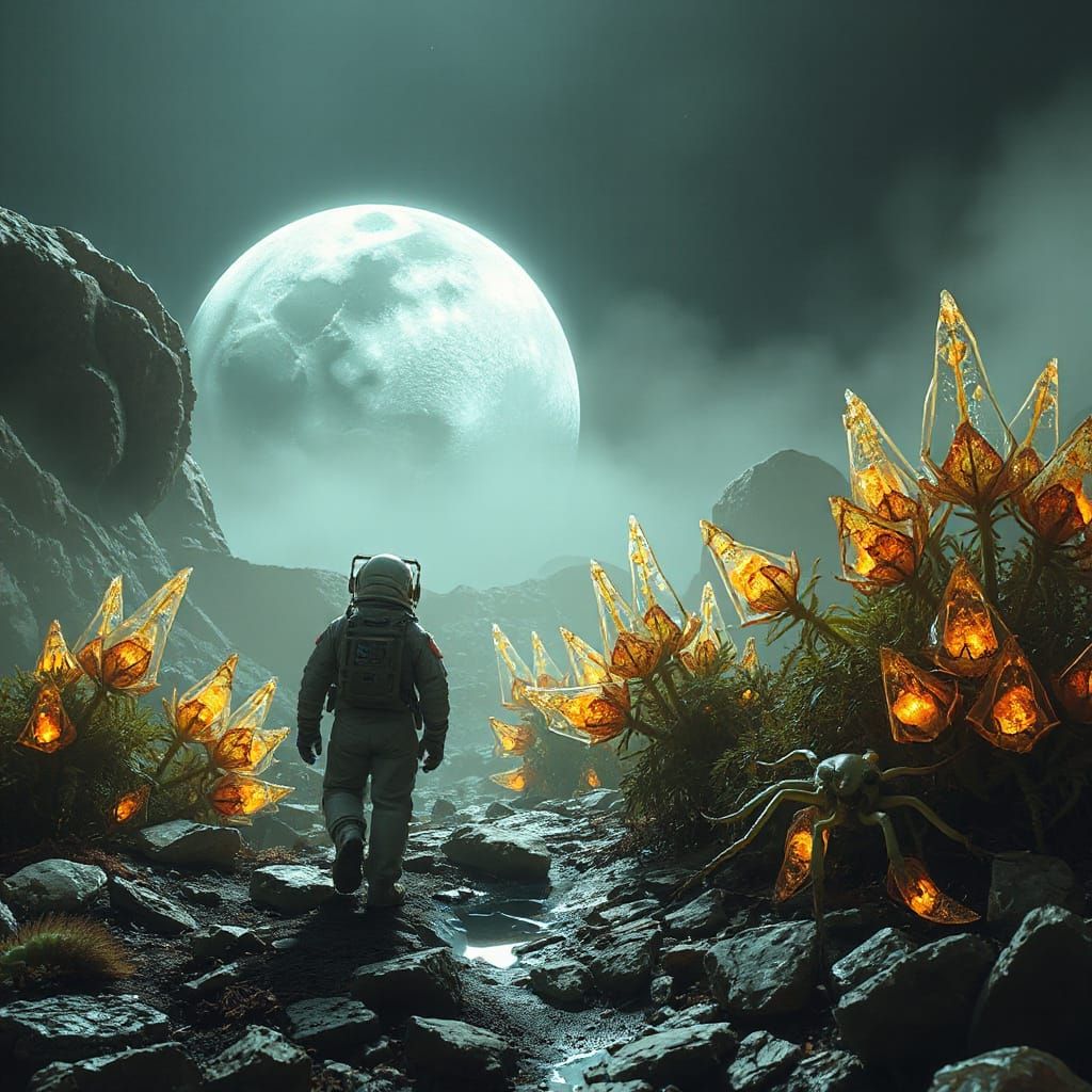Astronaut Finds Glowing Crystal Garden on Alien Moon