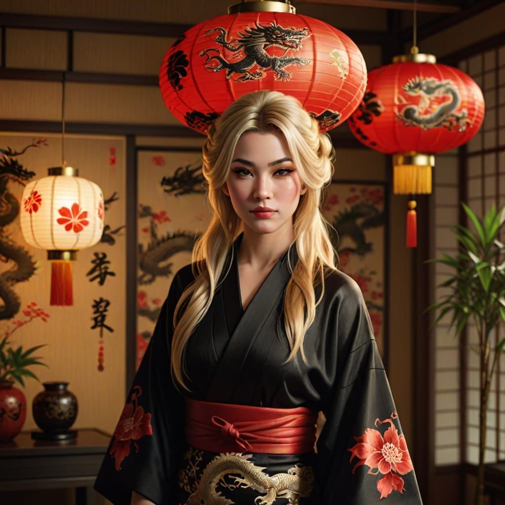 Blonde Woman in Black Kimono with Dragon Embroidery