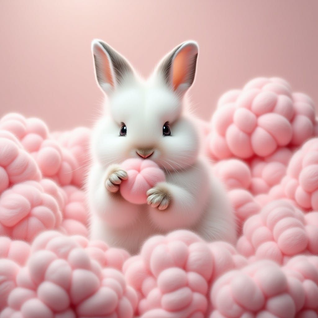 Fluffy White Bunny in Pink Cotton Ball Mountain