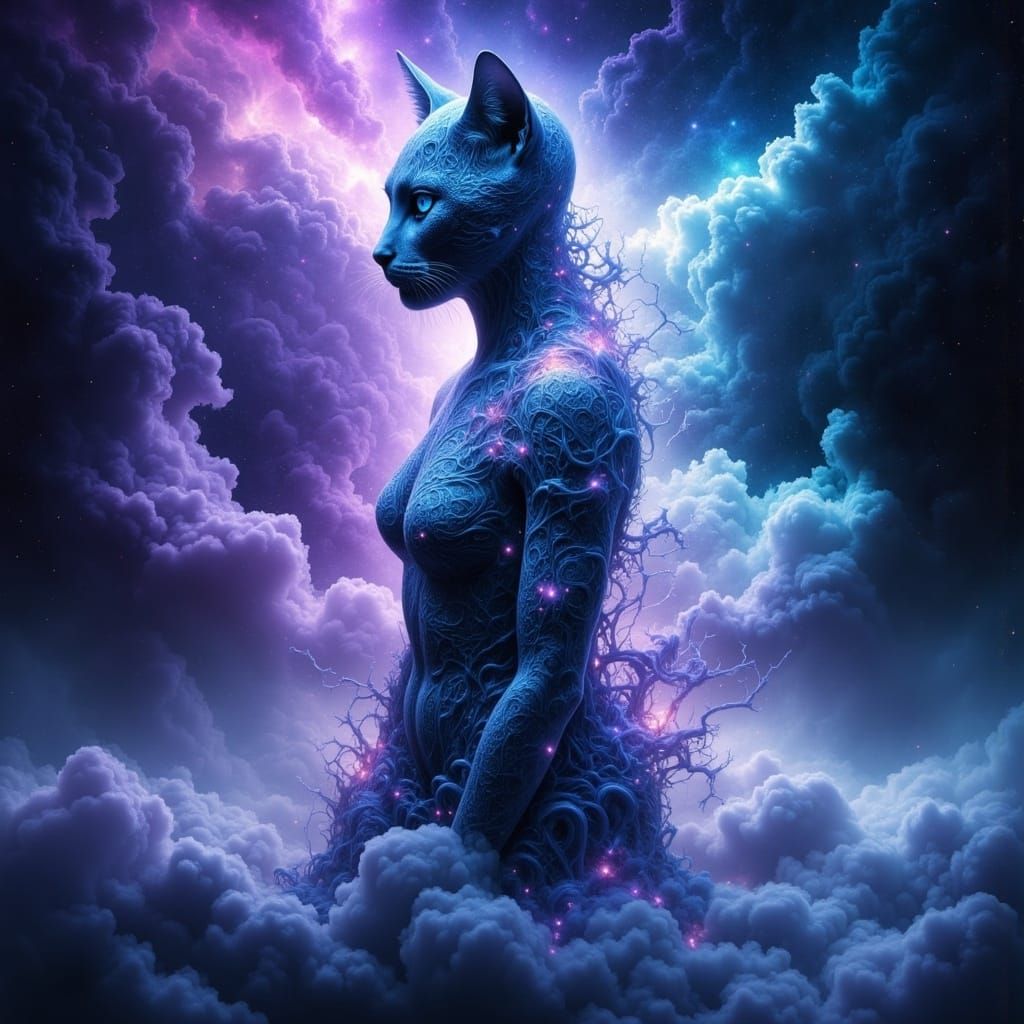 Ethereal Feline Dissolving into Cosmic Nebula