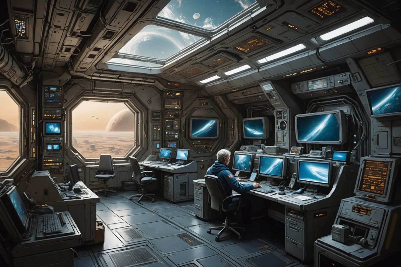 Cozy Space Station Interior with Alien Planet View