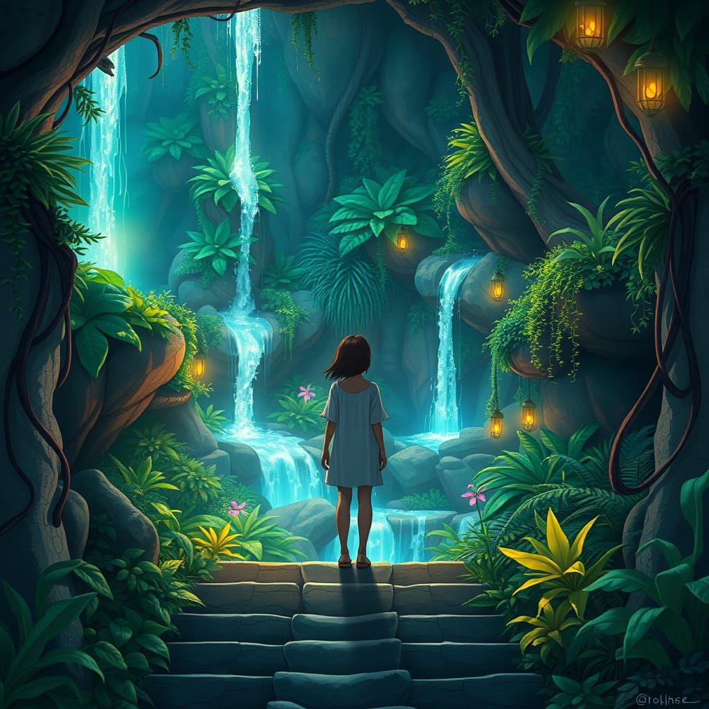 Lush Oasis at Basement Steps, Miyazaki Style