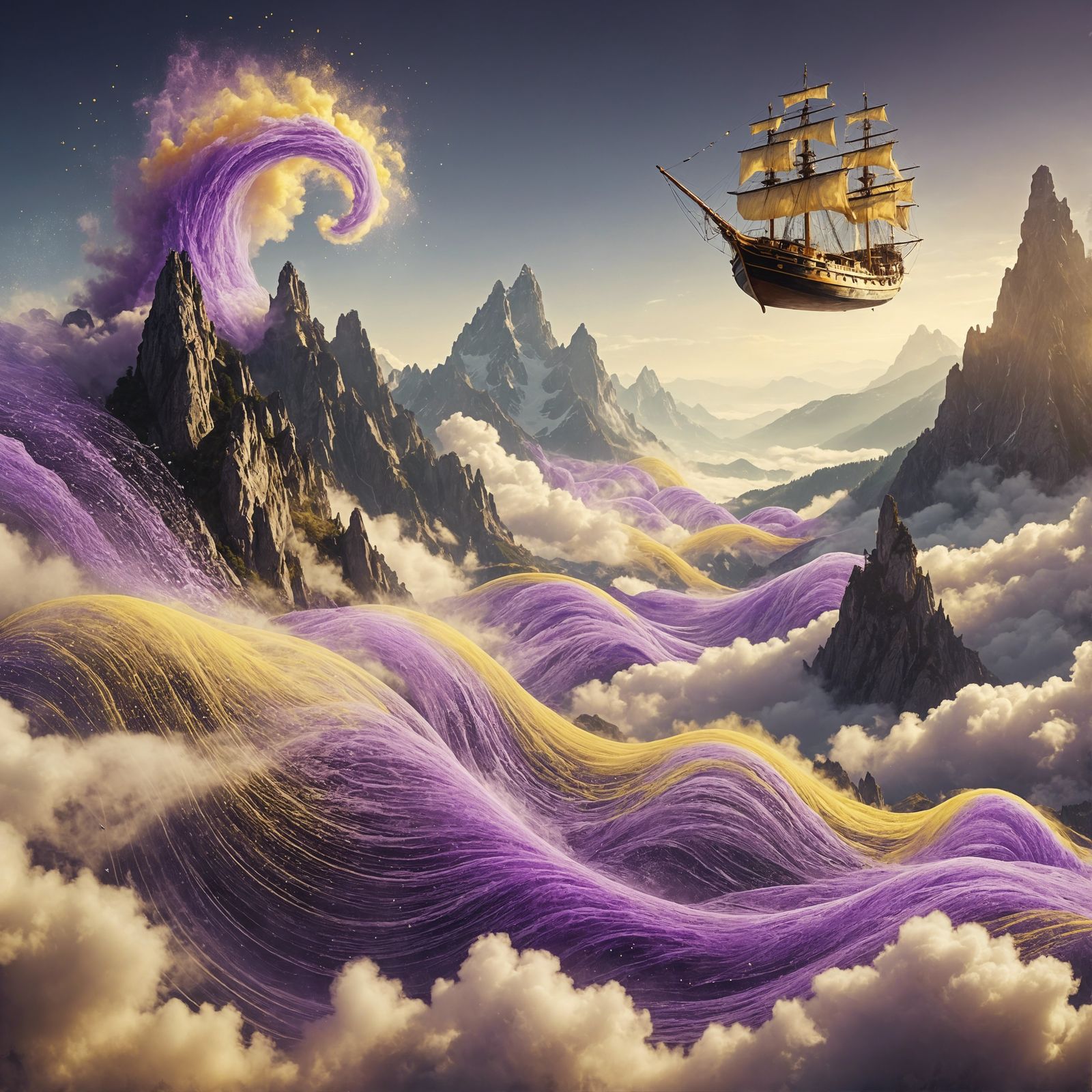 Majestic Boat Soaring Through Mountain Peaks